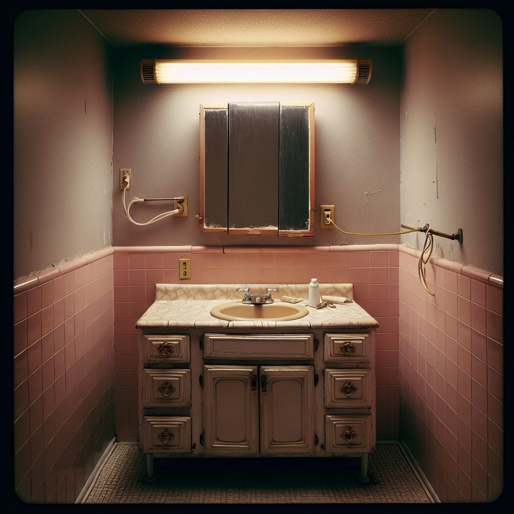 Before: Dated 1990s bathroom with pink tile