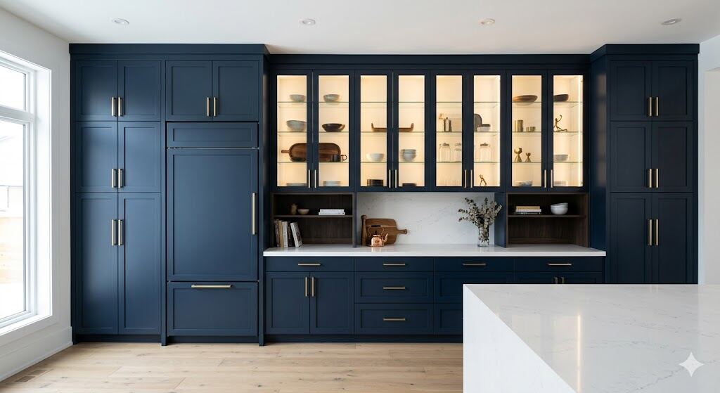 Custom kitchen cabinetry with dark navy island and white perimeter cabinets by Power Remodeling Texas
