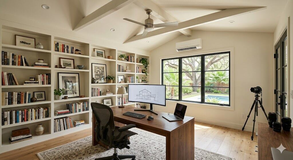 Converted garage home office with built-in shelving and natural light — Houston Texas