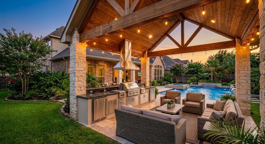 Covered patio and outdoor kitchen addition with stone columns — Houston Texas backyard