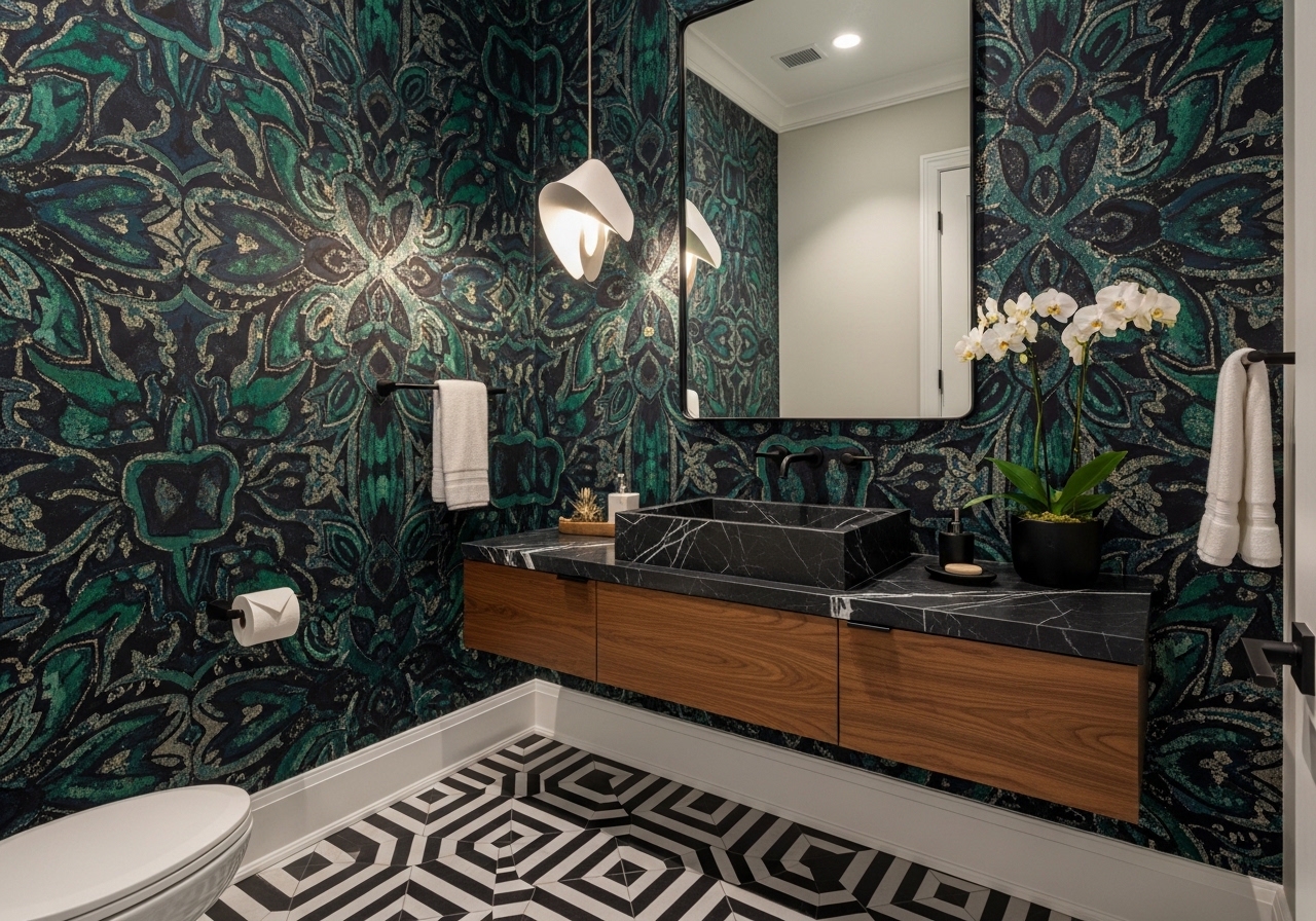 Luxury powder room transformation with statement wallcovering, vessel sink and designer tile — Houston Texas