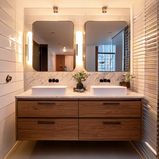 Custom floating vanity upgrade with backlit mirrors and quartz countertop — Houston Texas