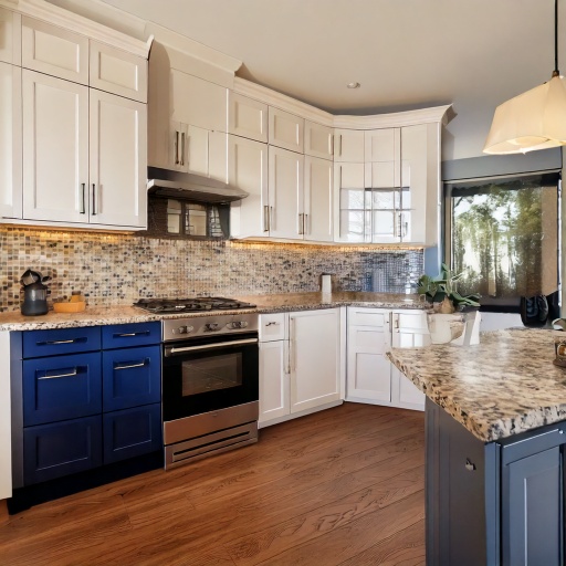 Two-tone kitchen cabinetry — white upper cabinets, navy lower cabinets — Houston Texas remodel