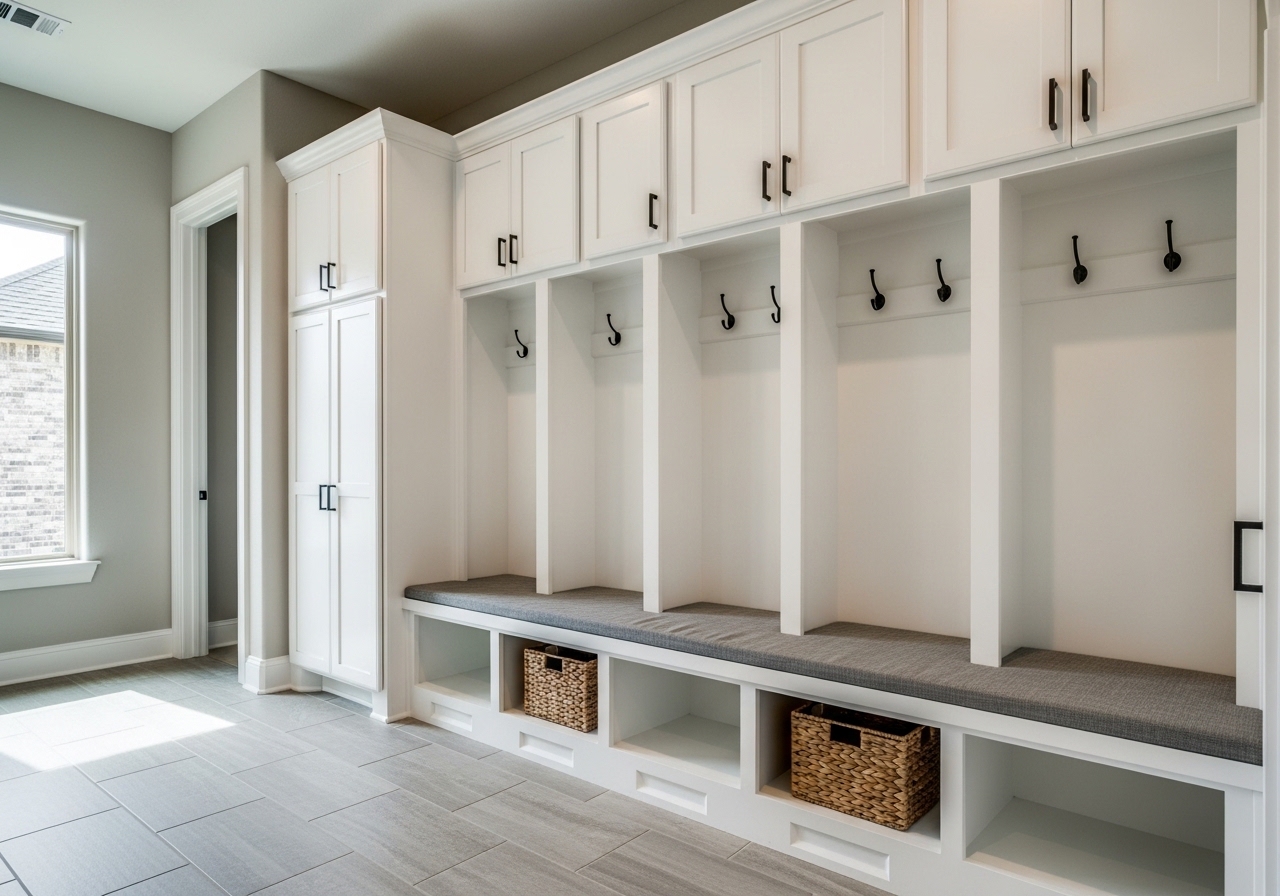 Custom mudroom built-in cabinetry with locker cubbies, bench seating and matte black hardware — Houston Texas