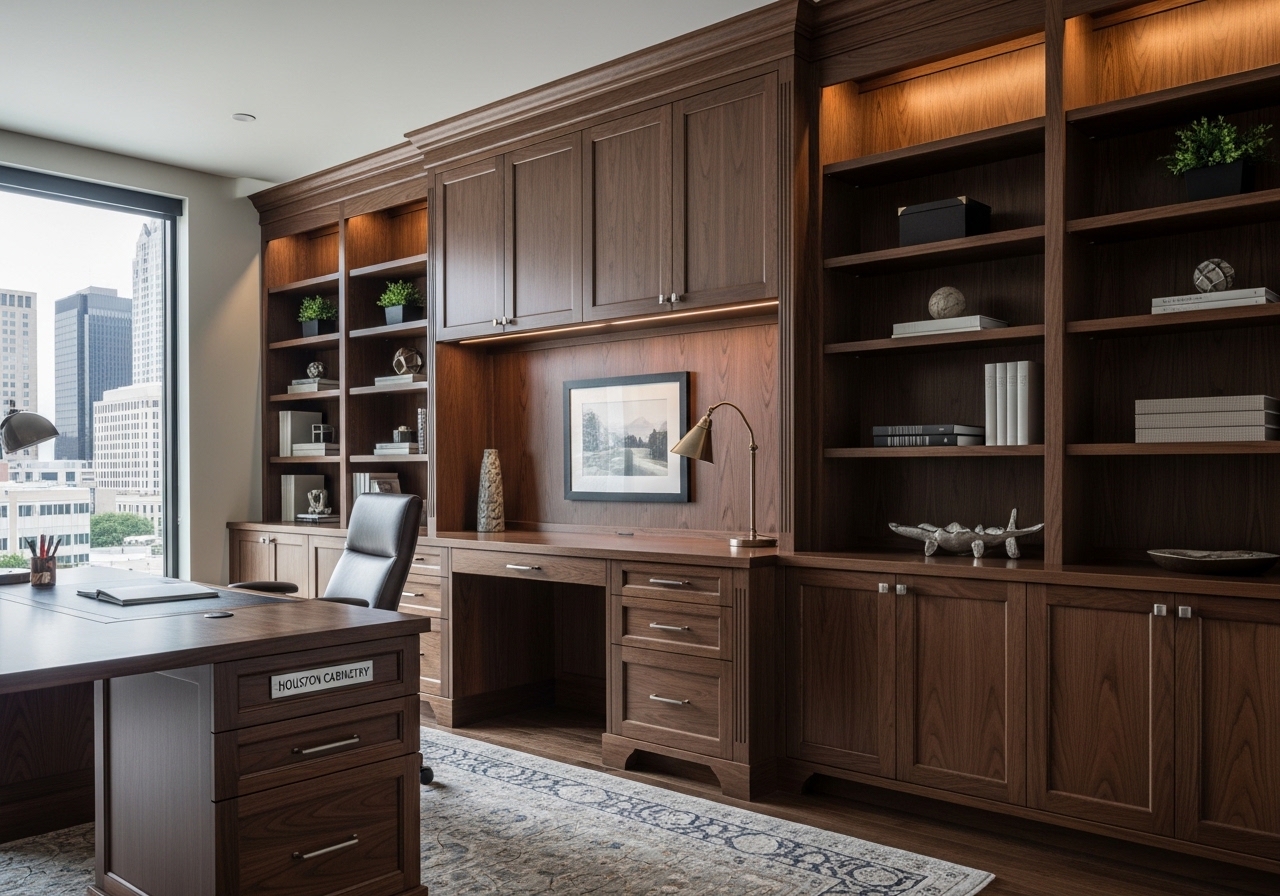 Luxury home office with floor-to-ceiling built-in bookcase cabinetry and integrated desk — Houston Texas