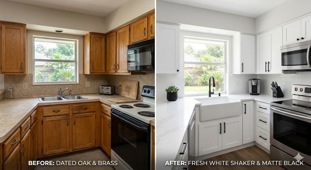 Cabinet refacing transformation — dated oak to white shaker with matte black hardware — Houston Texas