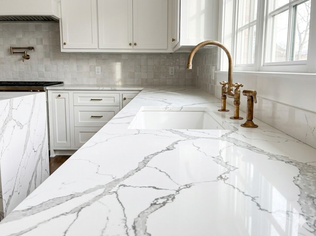 White quartz waterfall countertop installation in modern kitchen — Houston Texas
