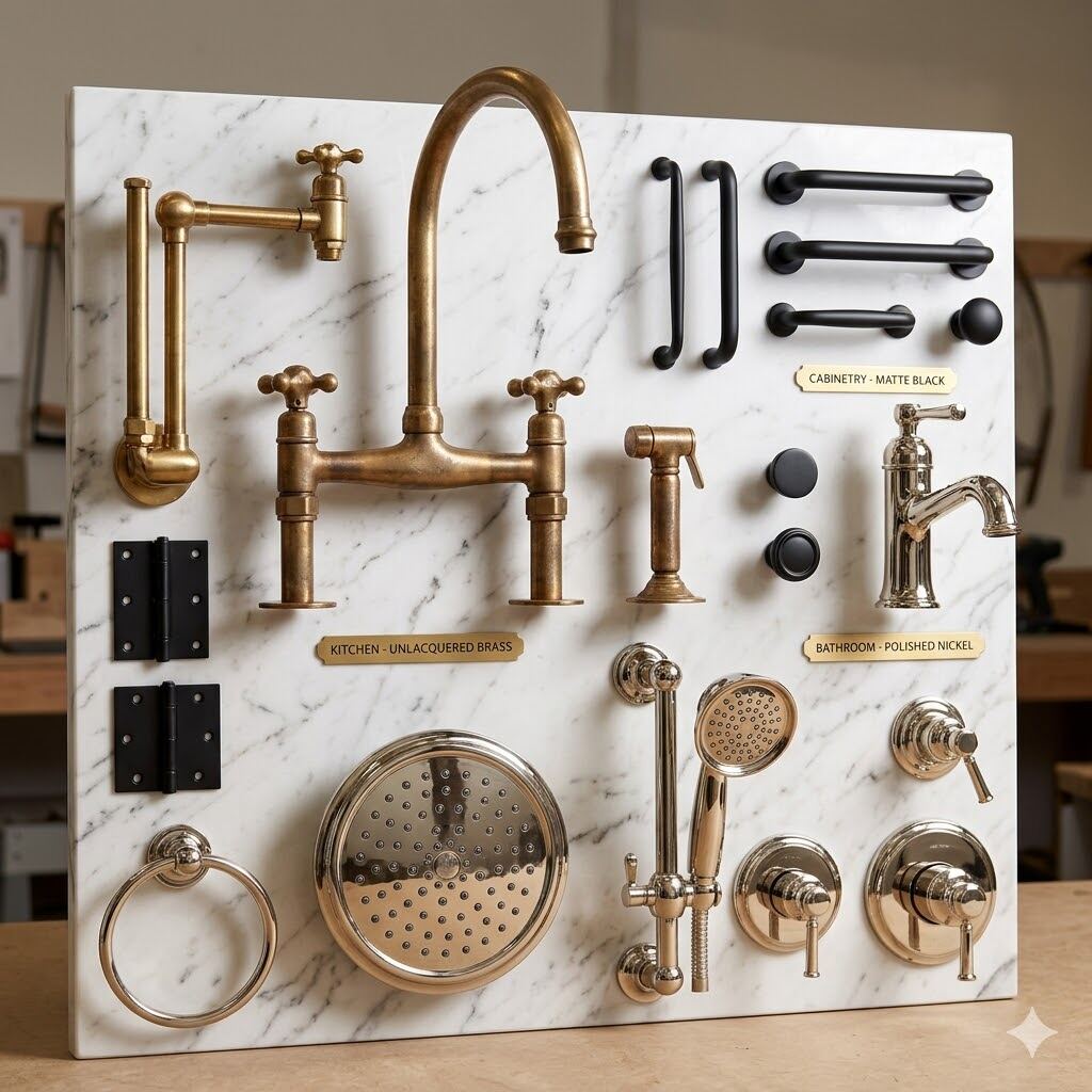 Unlacquered brass faucets, matte black cabinet pulls, polished nickel shower fixtures — premium hardware selection Houston Texas remodel