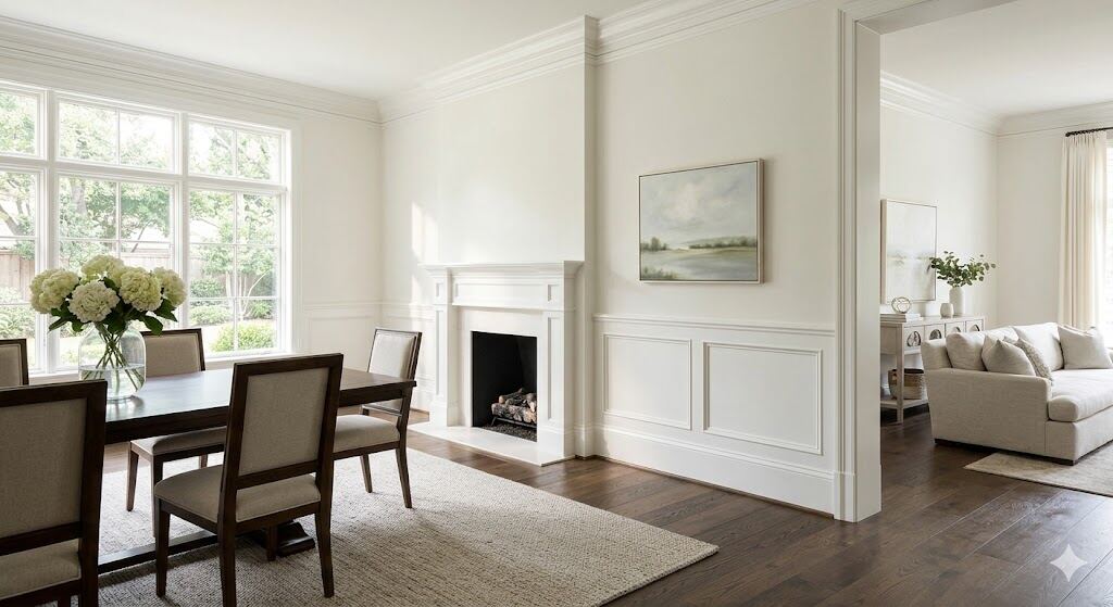 Benjamin Moore painted interior with white shaker millwork, crown molding, wainscoting — Houston Texas home renovation