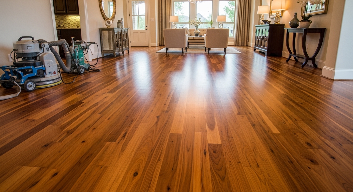 Freshly refinished hardwood floors with rich amber stain
