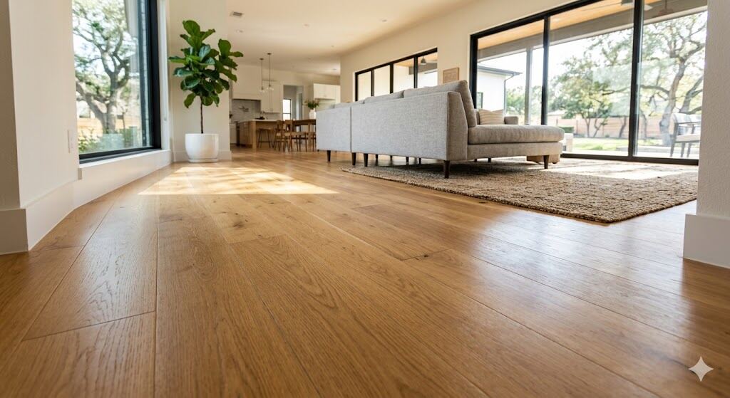 Wide-plank hardwood flooring by Power Remodeling Texas