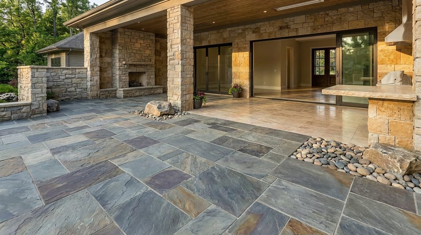 Natural stone flooring in an open-plan Houston home
