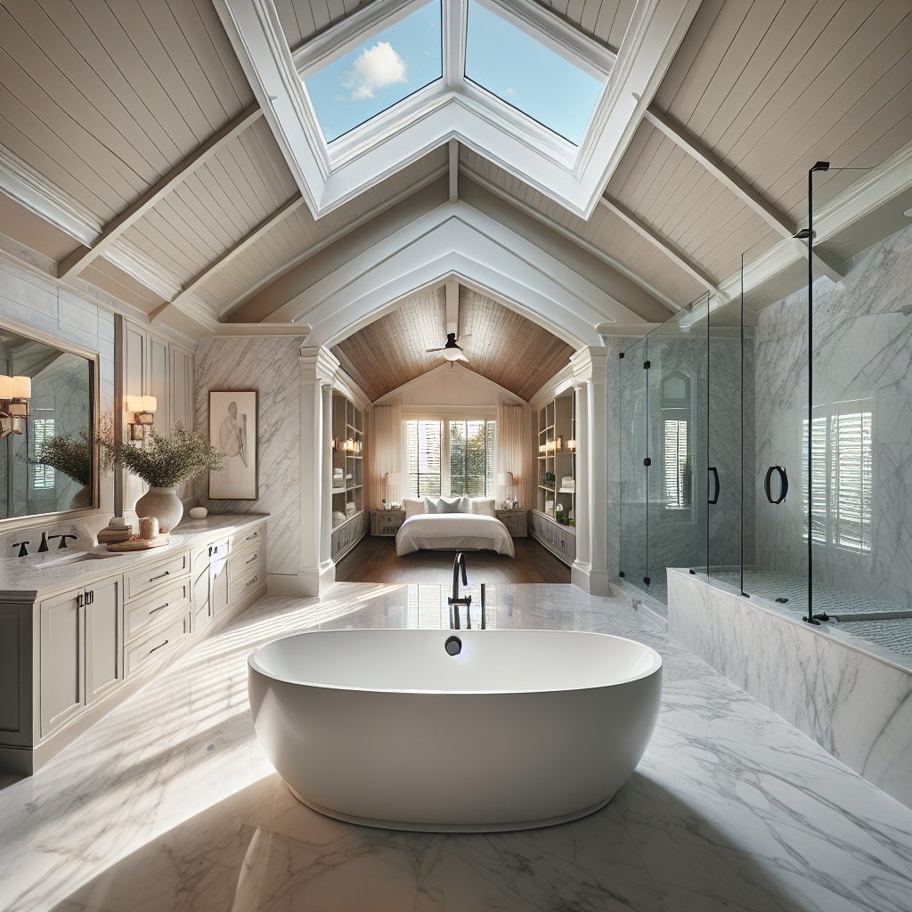 After: Luxury spa bathroom with vaulted skylight and freestanding soaking tub