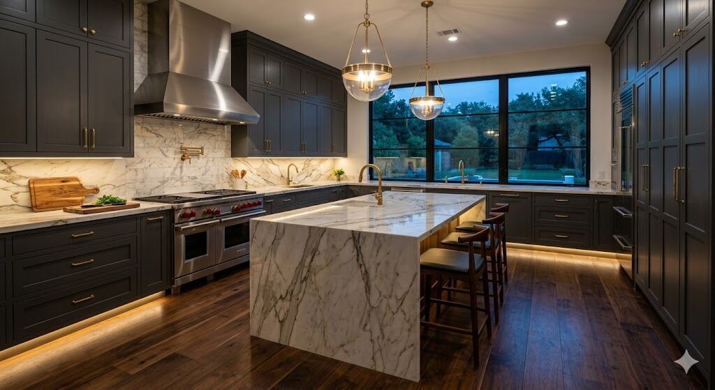 Dark shaker kitchen with marble countertops and LED lighting