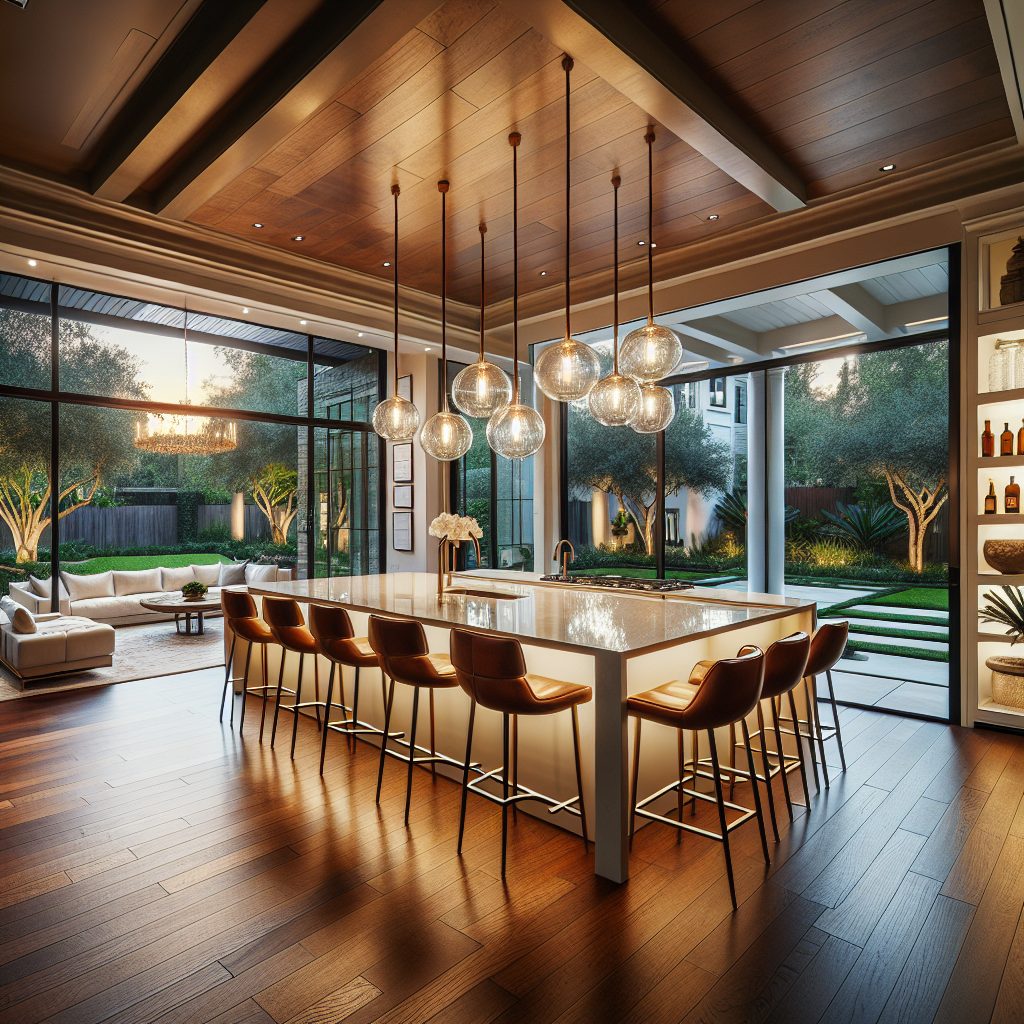 Kitchen island with view to backyard