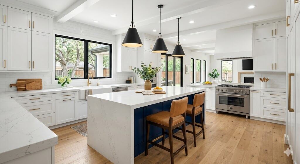Open concept kitchen with navy island remodel